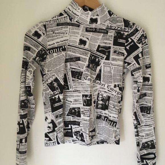 Dolls Kill Tops - Punk Newspaper Mock Neck Long Sleeve